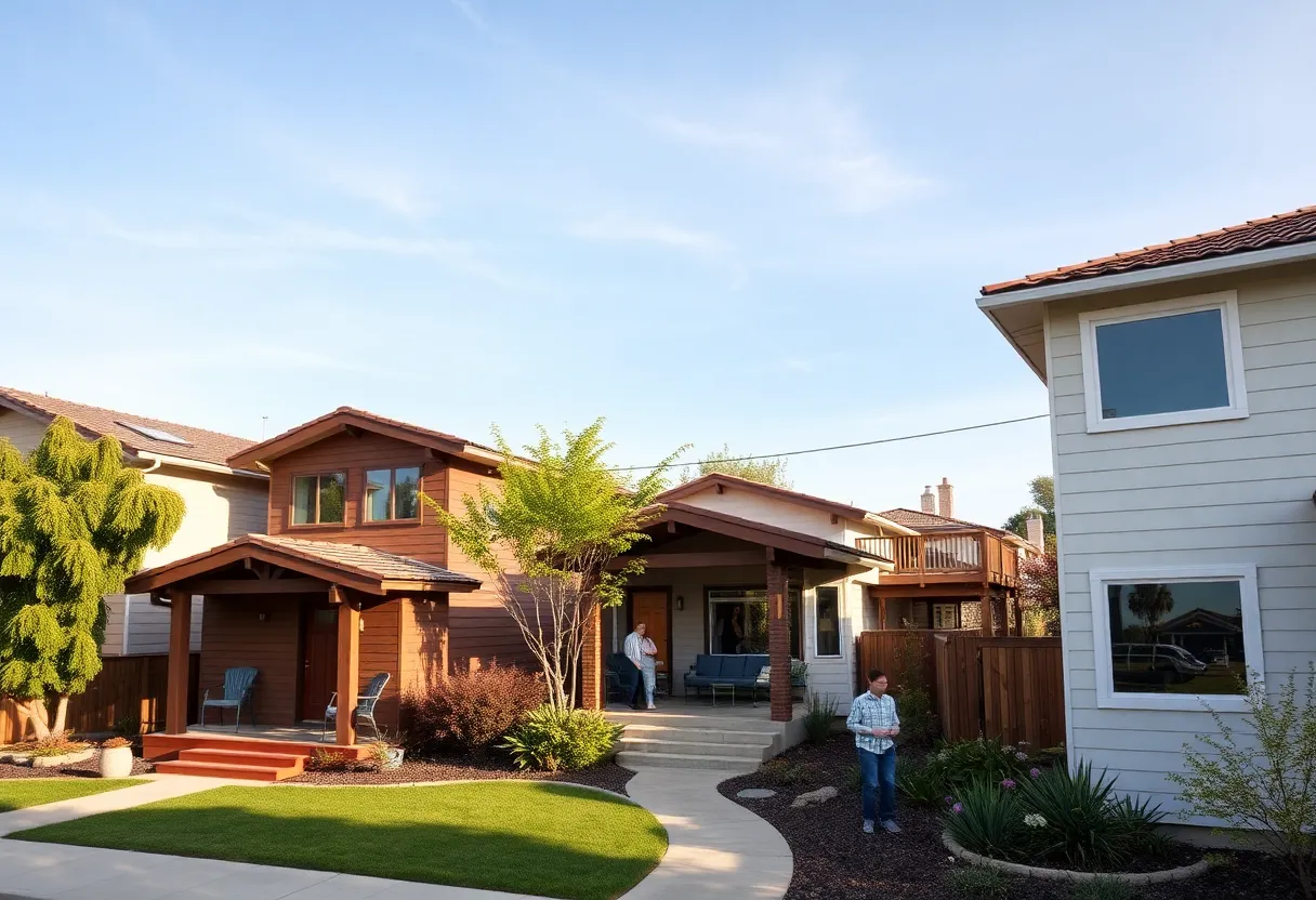 A view of a California neighborhood displaying traditional homes alongside Accessory Dwelling Units.