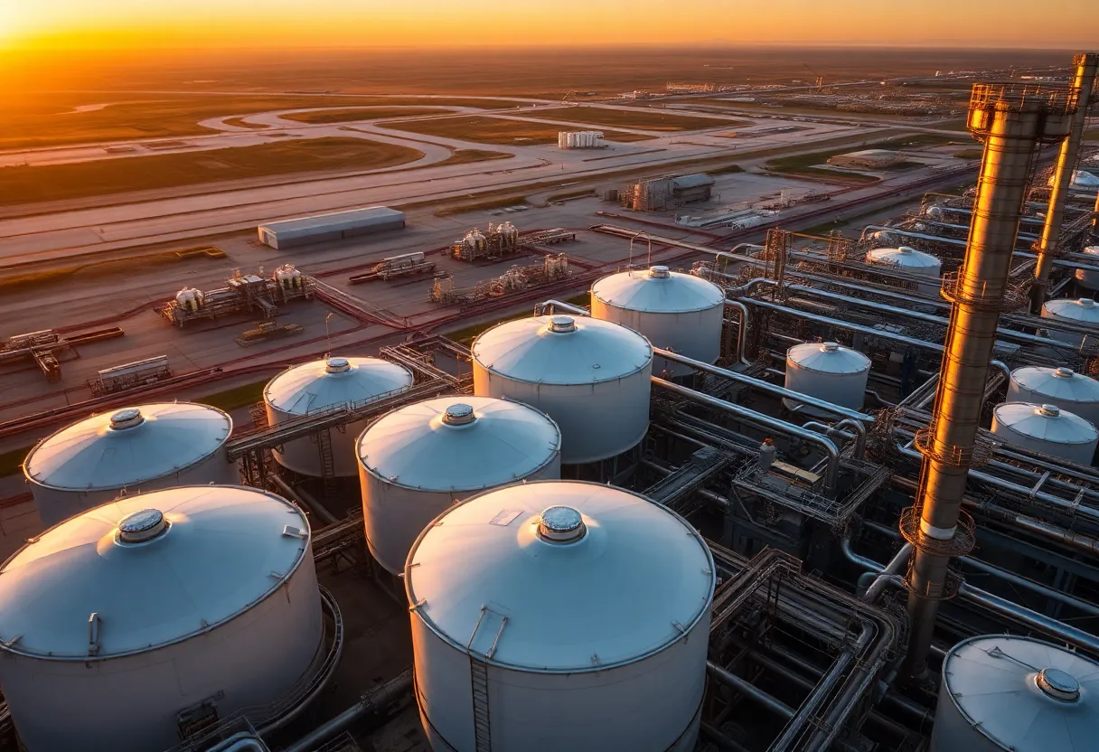 Aerial view of a California oil refinery during sunset