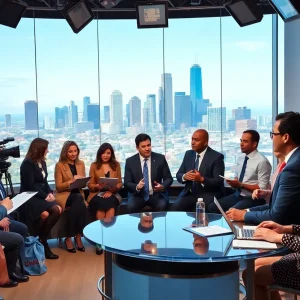 Diverse journalists in a newsroom discussing news topics with the Los Angeles skyline visible.