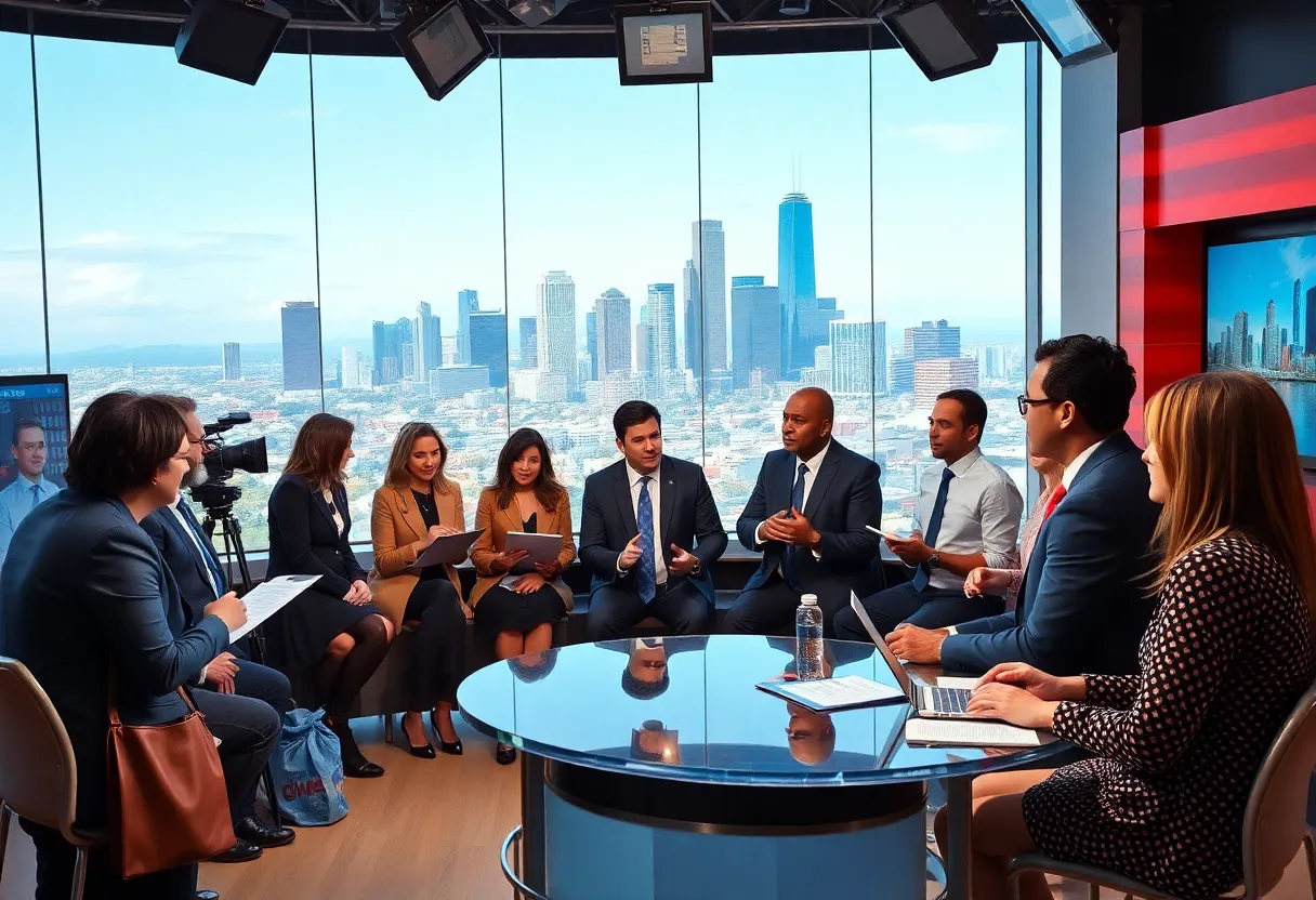 Diverse journalists in a newsroom discussing news topics with the Los Angeles skyline visible.