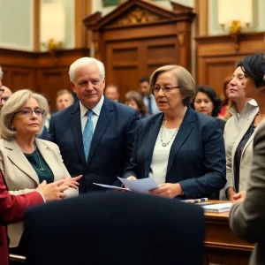 Politicians discussing environmental policies in California Senate