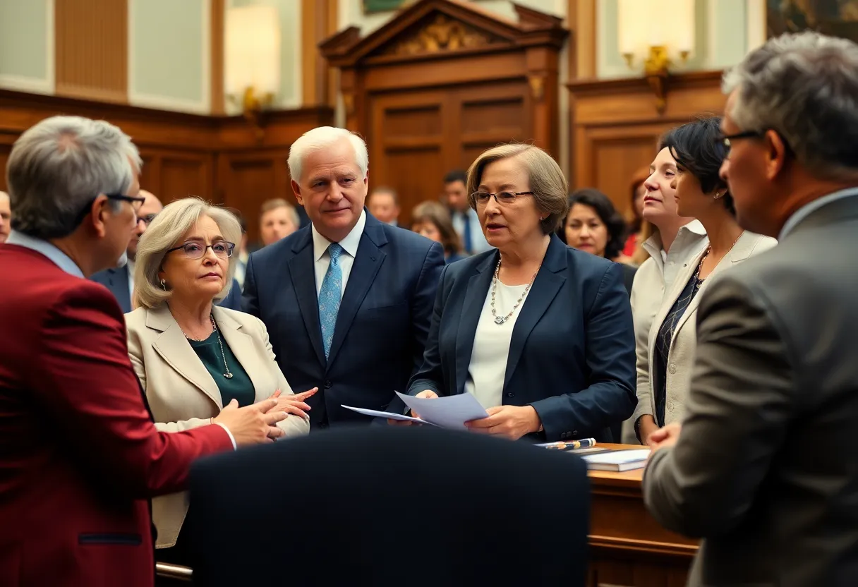 Politicians discussing environmental policies in California Senate