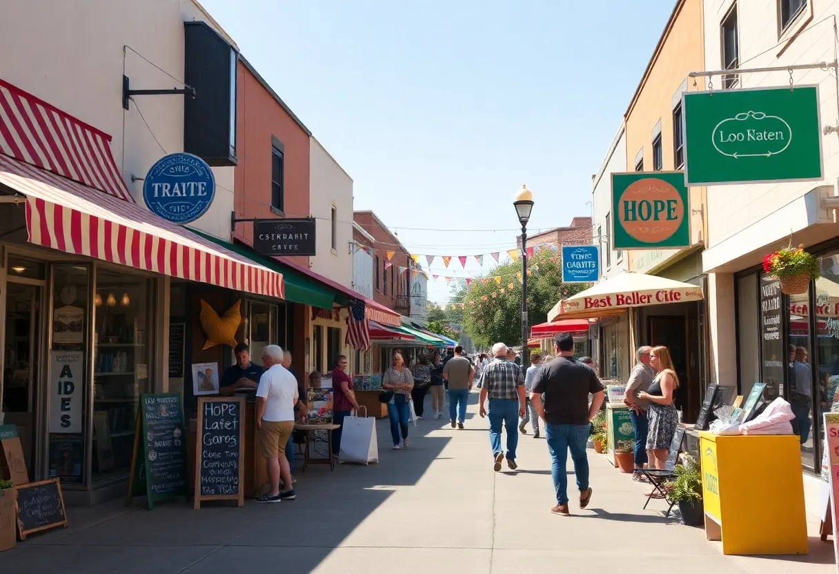 A lively street view of small businesses in California.