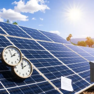 Solar panels installed in a California community with signs of waiting or delays.