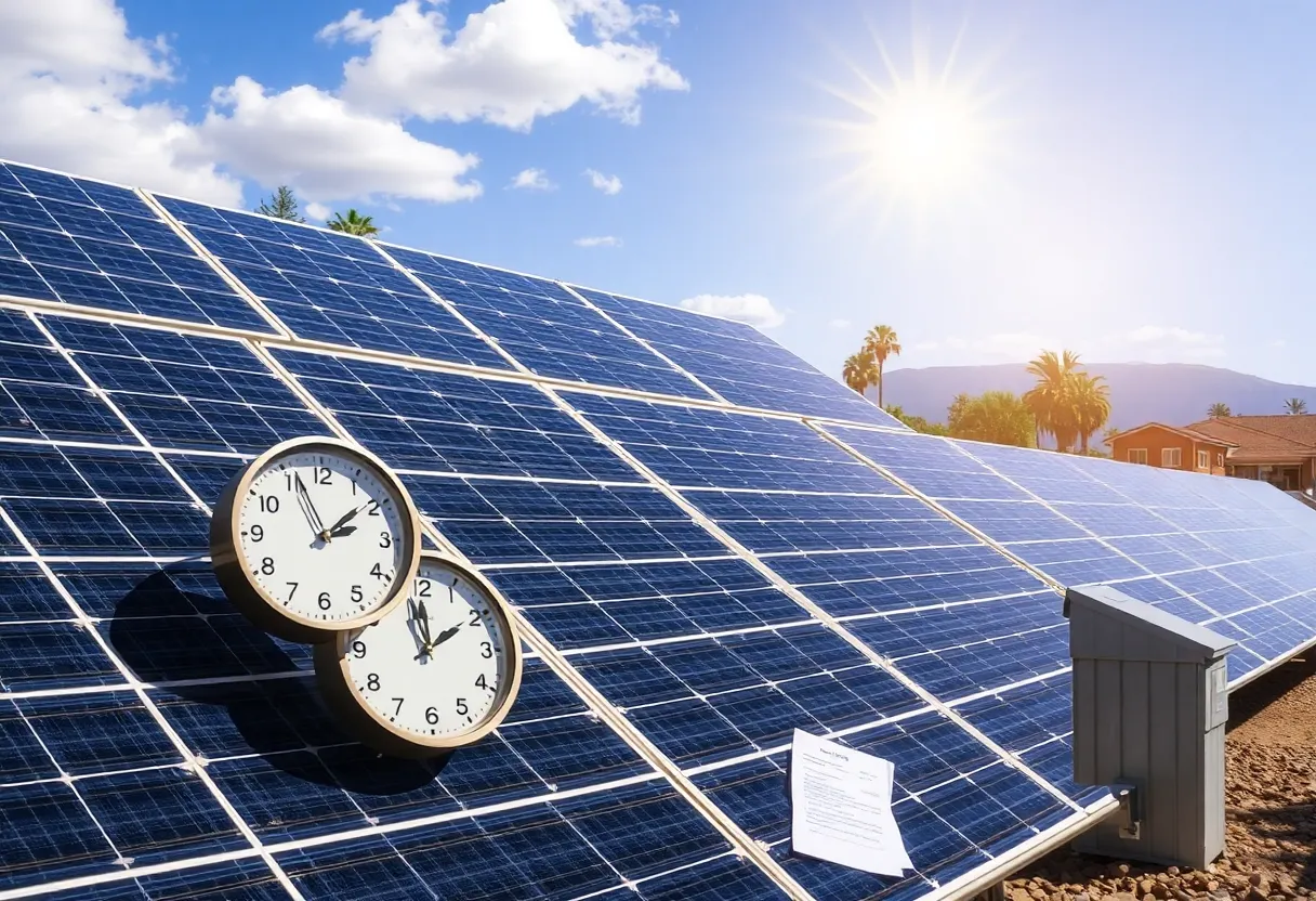 Solar panels installed in a California community with signs of waiting or delays.