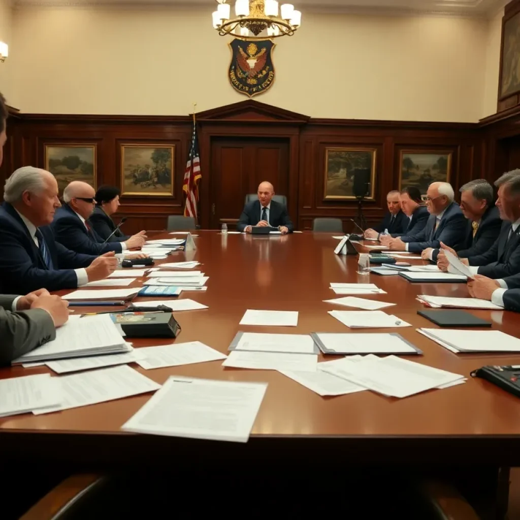 City officials in a tense meeting discussing allegations and misconduct.