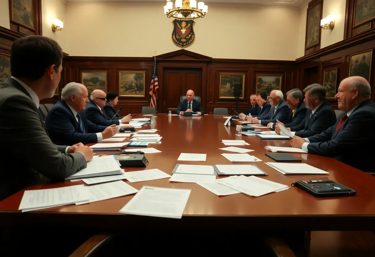 City officials in a tense meeting discussing allegations and misconduct.