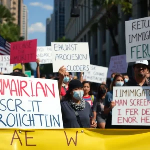 A diverse group demonstrating against ICE raids with signs in Southern California.