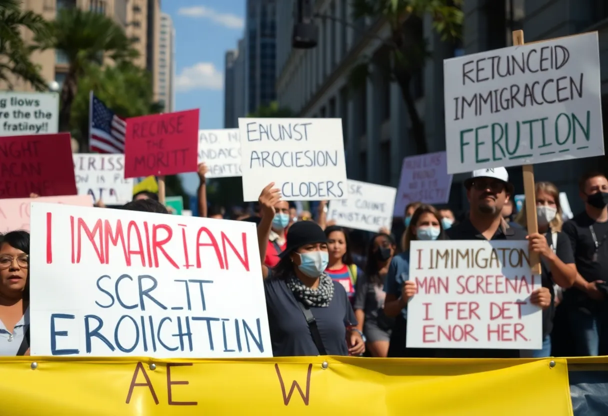 A diverse group demonstrating against ICE raids with signs in Southern California.