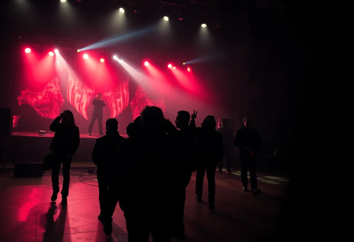 Concert scene with dark undertones representing crime connections.