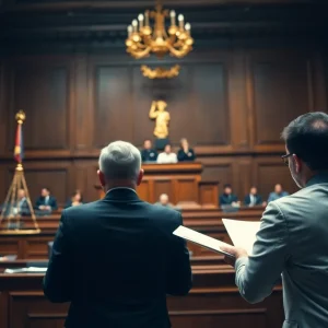 A courtroom setting representing the legal proceedings of a fraud case.
