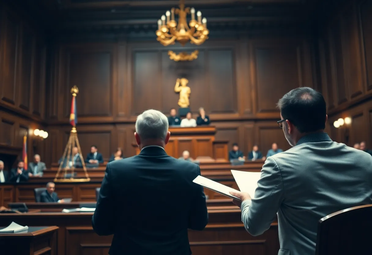 A courtroom setting representing the legal proceedings of a fraud case.