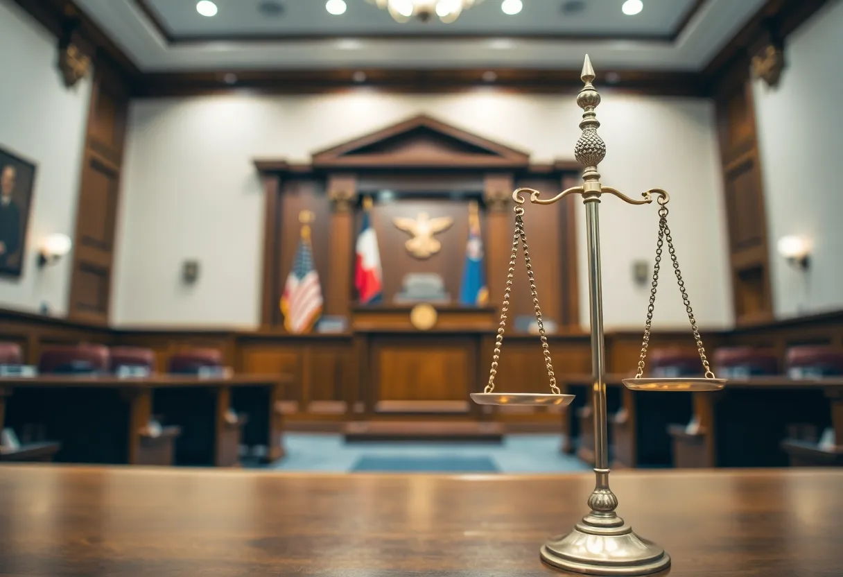 A depiction of a courtroom symbolizing justice and corruption in government.