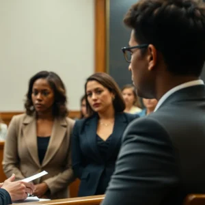Courtroom scene during a harassment trial