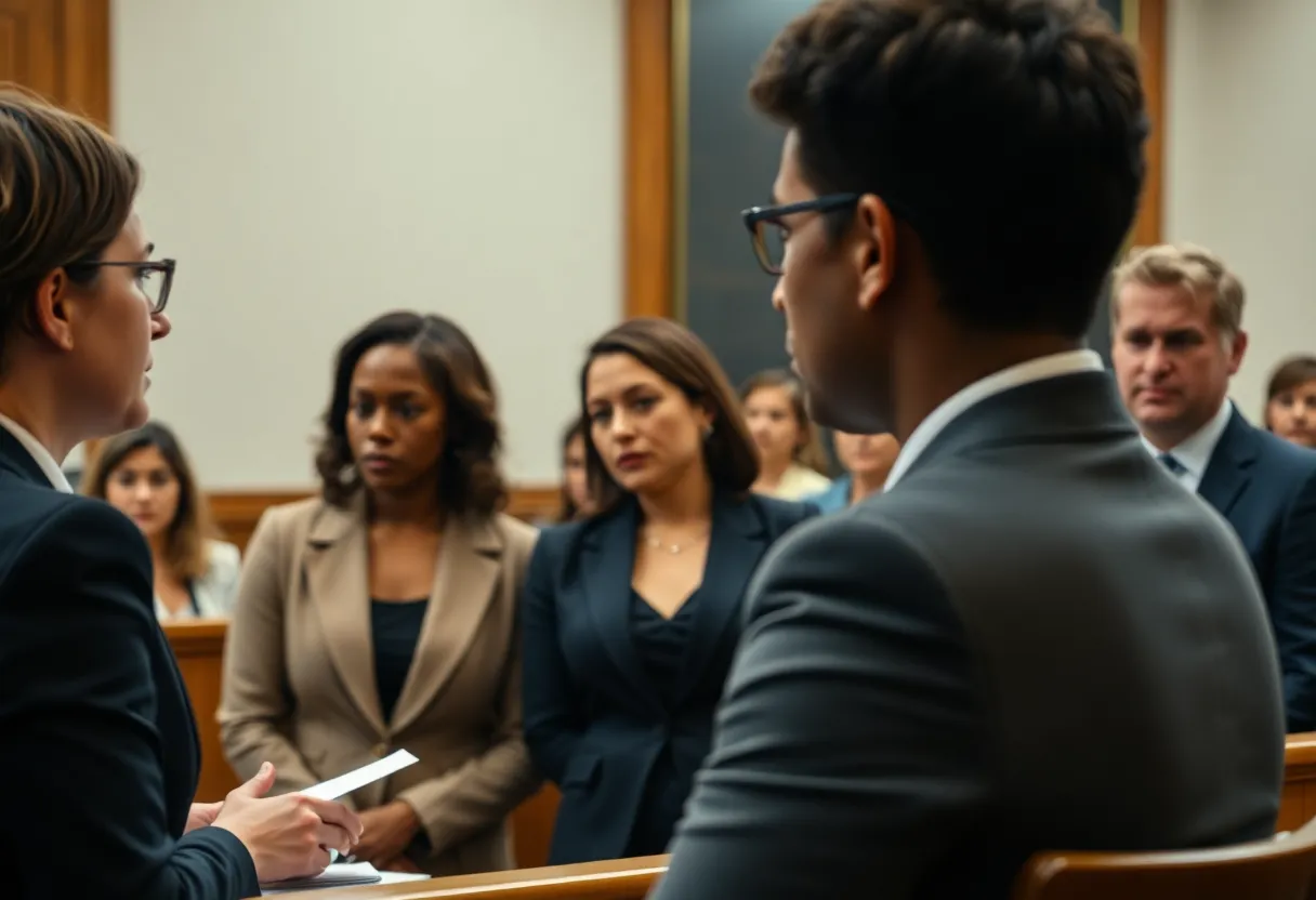 Courtroom scene during a harassment trial