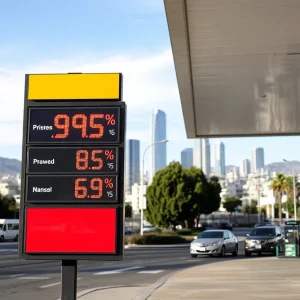 Gas station sign showing current gas prices in Los Angeles
