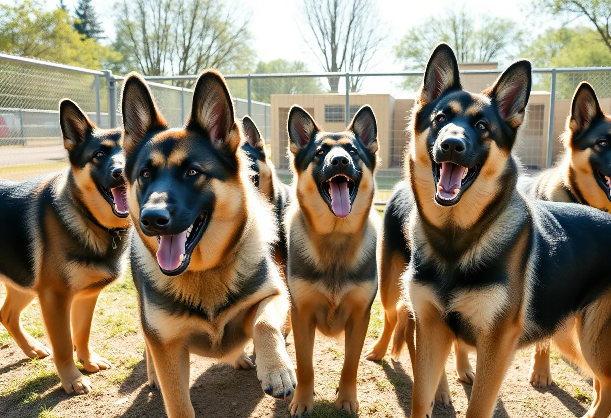 A group of joyful German Shepherds in a kennel