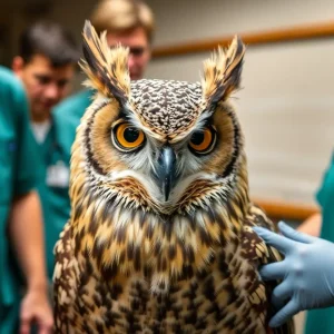 Great horned owl being cared for in a rehabilitation center