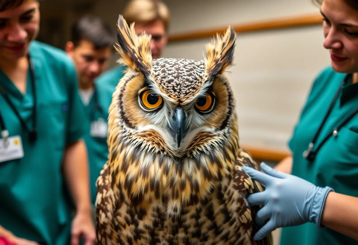 Great horned owl being cared for in a rehabilitation center