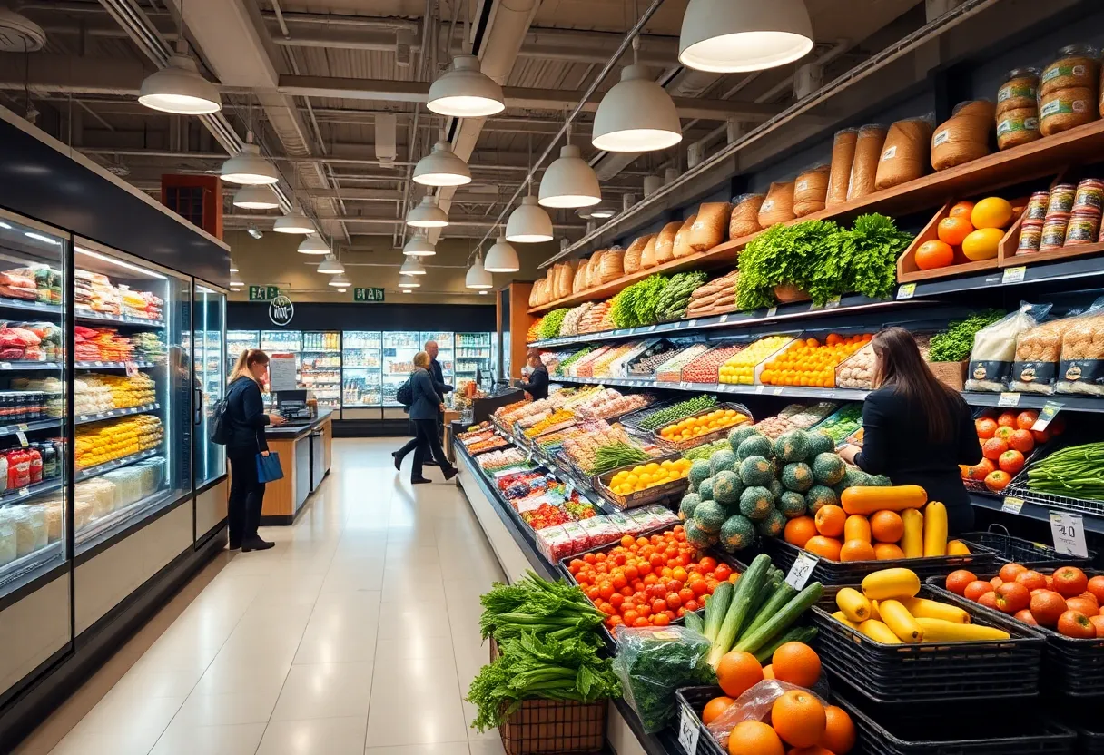 Grocery store interior with produce shelves and price tags