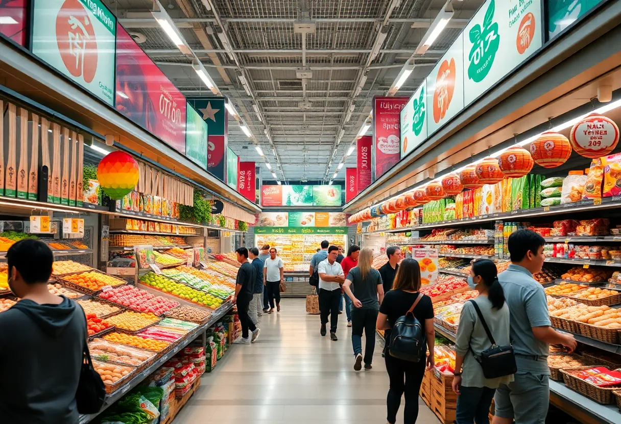 Exterior view of H Mart in Westminster with shoppers