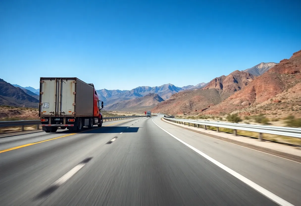 Heavy-duty truck on a California road surrounded by mountains
