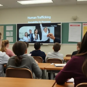 Students participating in a human trafficking awareness program.