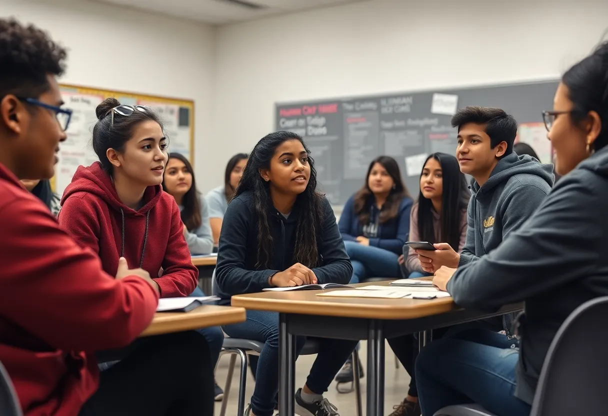 High school students participating in a human trafficking awareness program.