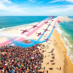 Aerial view of Huntington Beach airshow with planes flying over beach and crowd