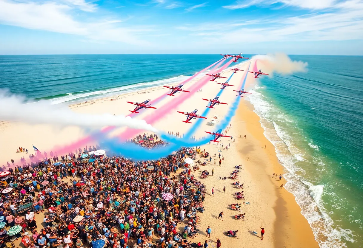 Aerial view of Huntington Beach airshow with planes flying over beach and crowd