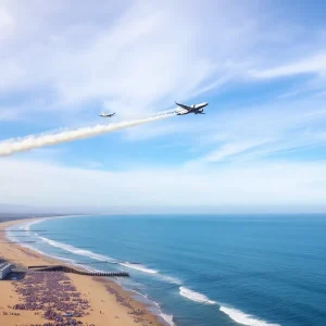 Aerial view of the Huntington Beach Airshow with aircraft and crowds