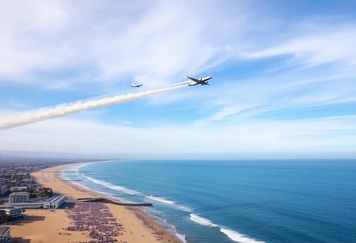 Aerial view of the Huntington Beach Airshow with aircraft and crowds