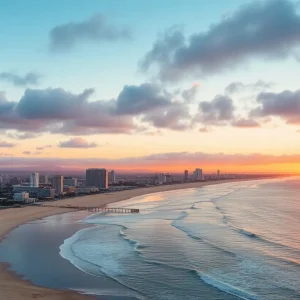 Panoramic view of Huntington Beach with sunset over coastline