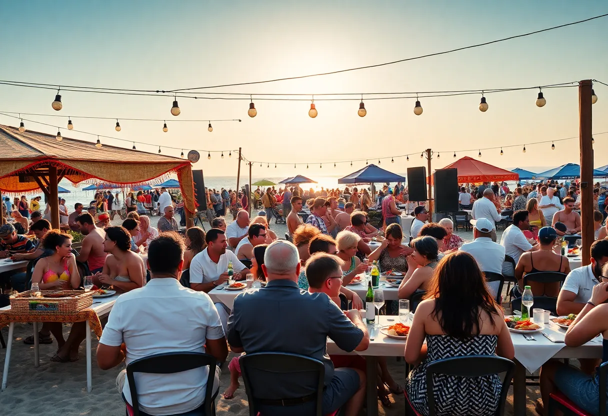 Diners enjoying meals at a beachside restaurant in Huntington Beach