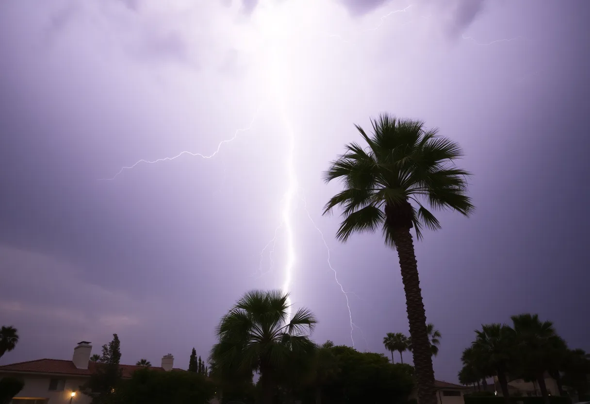 Lightning striking a palm tree during a storm in Huntington Beach