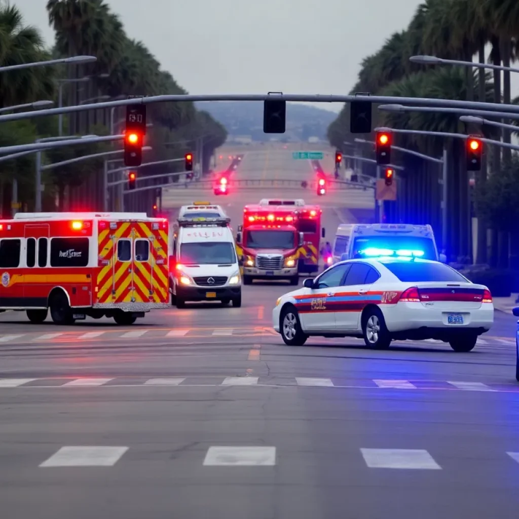 Emergency responders at a traffic collision site in Huntington Beach