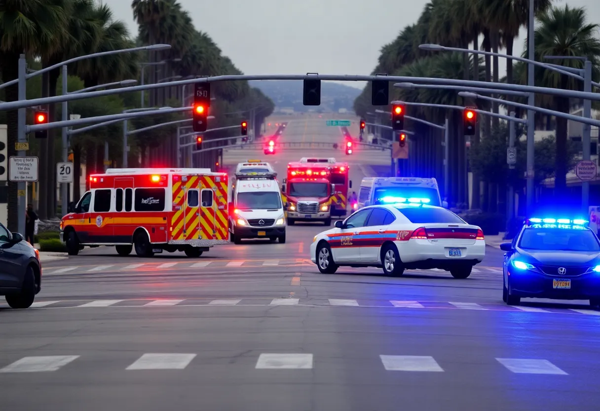Emergency responders at a traffic collision site in Huntington Beach