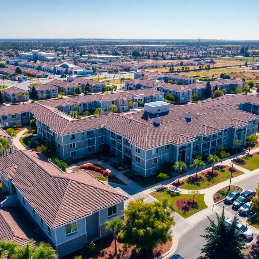 Aerial view of Huntington Breeze, a senior living complex in Huntington Beach.