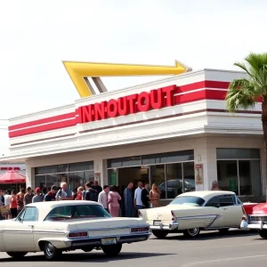 In-N-Out Burger's original Baldwin Park location filled with customers and classic cars.