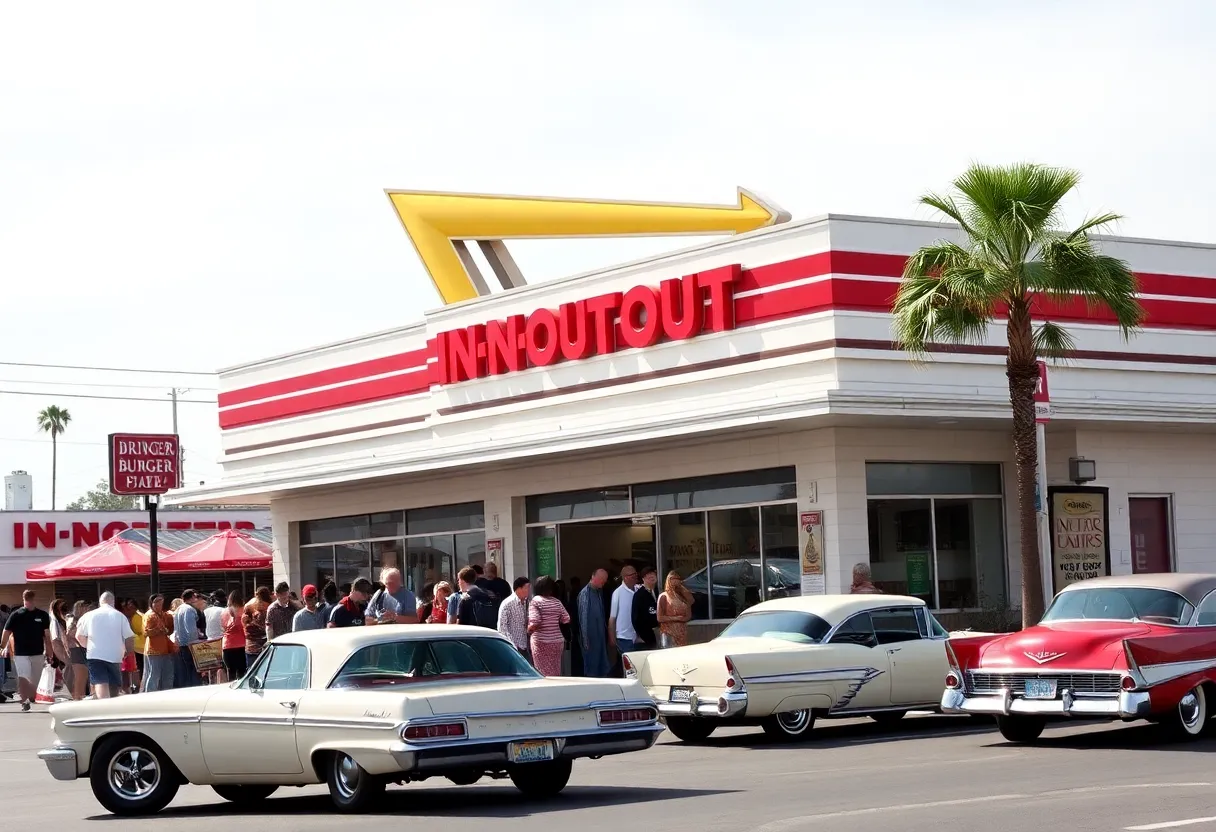 In-N-Out Burger's original Baldwin Park location filled with customers and classic cars.