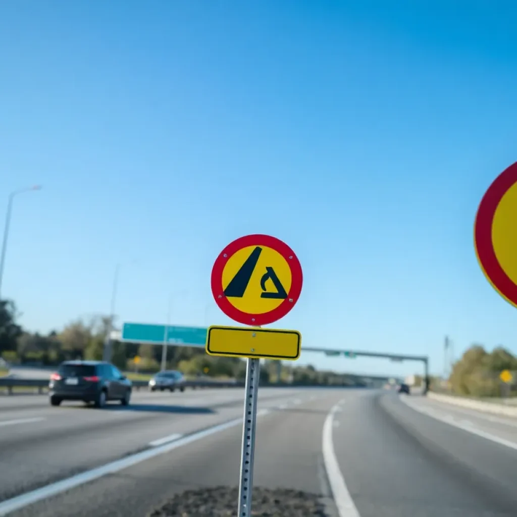 Traffic safety signs along the highway emphasizing caution.
