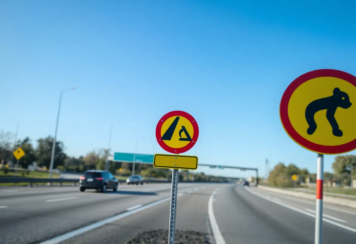 Traffic safety signs along the highway emphasizing caution.