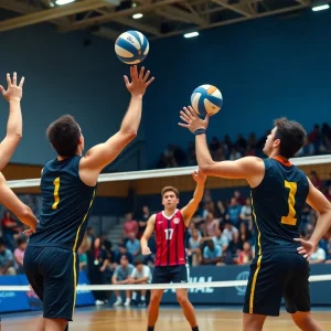 Men's volleyball match between Jamestown and Vanguard with players in action.