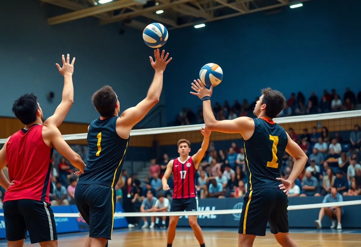 Men's volleyball match between Jamestown and Vanguard with players in action.