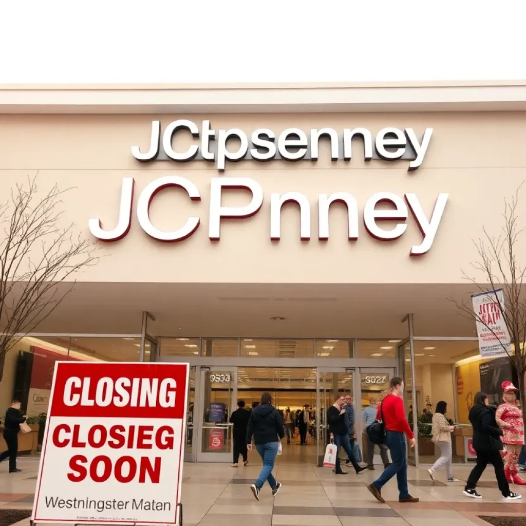 JCPenney store at Westminster Mall with 'Closing Soon' sign.
