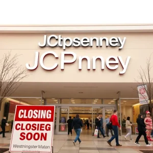 JCPenney store at Westminster Mall with 'Closing Soon' sign.