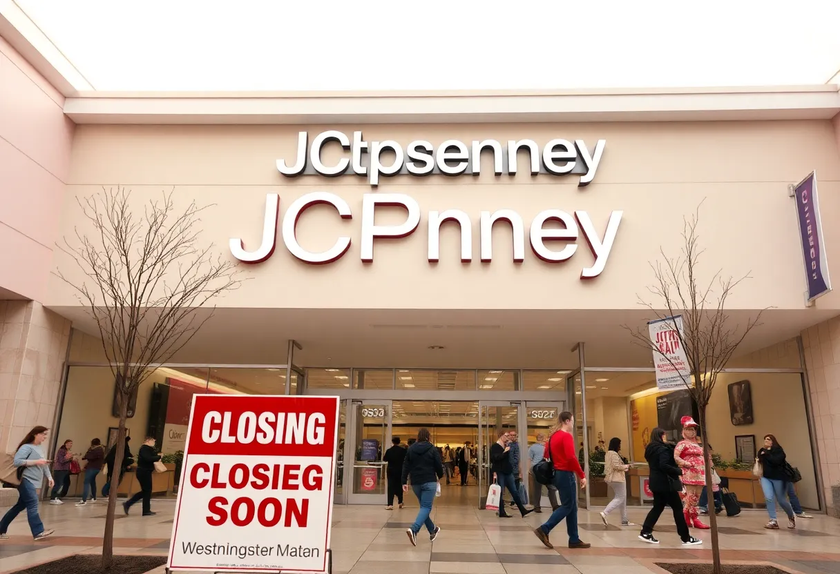 JCPenney store at Westminster Mall with 'Closing Soon' sign.