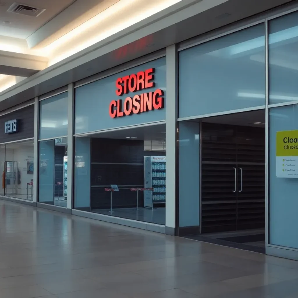 Empty storefront of JCPenney at Westminster Mall with closing signs.