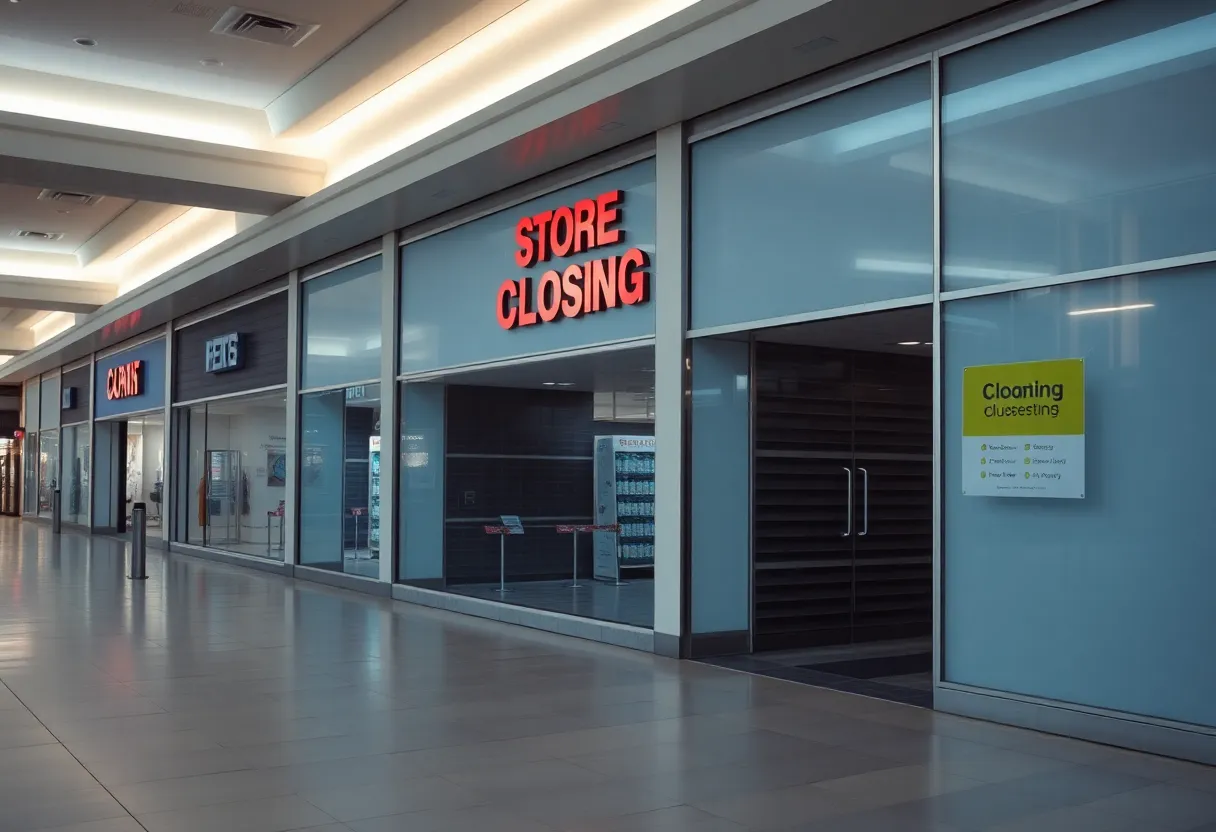 Empty storefront of JCPenney at Westminster Mall with closing signs.