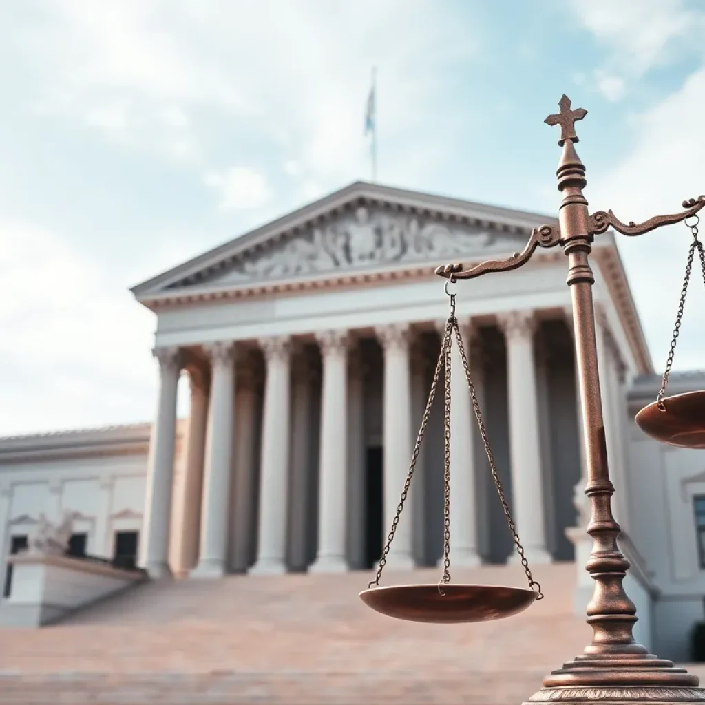 Symbol of justice in front of a government building showing the impact of corruption.
